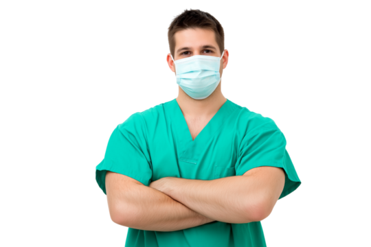 healthcare professional wearing surgical mask isolated on white background