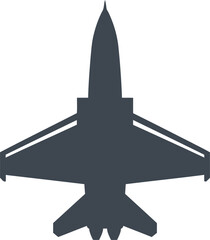 Silhouette of a fighter jet viewed from above, wings and tail visible, against a white background.