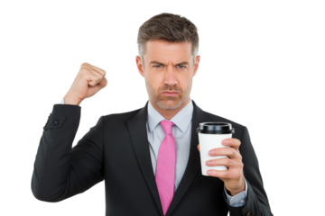 serious businessman looking stressed holding cup of coffee isolated on white background