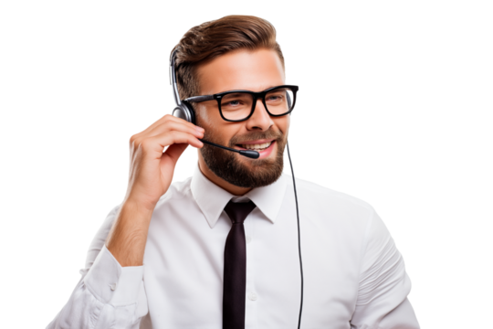 Smiling businessman wearing headset and glasses isolated on white background
