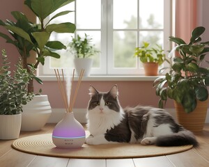 Pet Morning Routine Aesthetic cat relaxing with aroma diffuser in cozy home interior, peaceful morning routine with indoor plants, soft daylight lifestyle concept