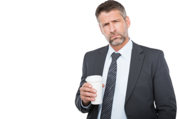 businessman with worried expression holding coffee cup isolated on white background
