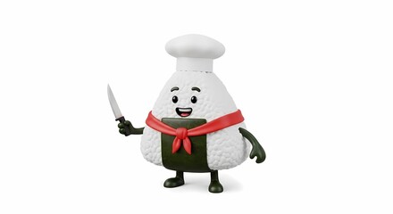 Cartoon onigiri character with chef hat, red scarf, holding a knife, standing on a white background.