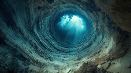 Sunlight streams into a deep cave