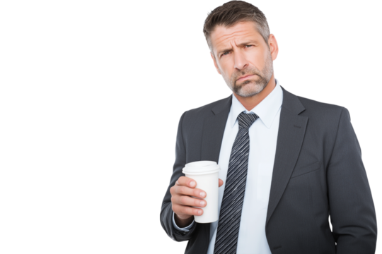 businessman with worried expression holding coffee cup isolated on white background
