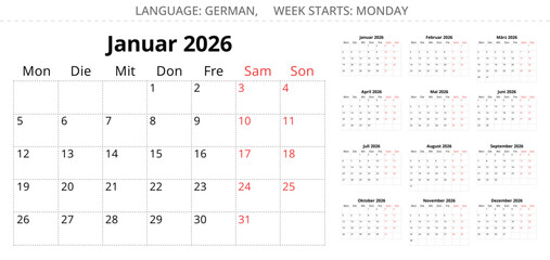2026 german calendar planner - Kalender. Vector illustration Germany.