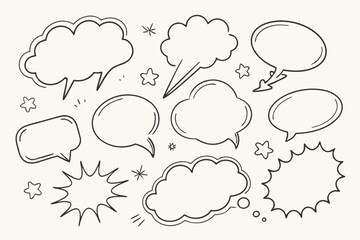 Collection of hand drawn doodle speech bubbles and comic elements on a light background