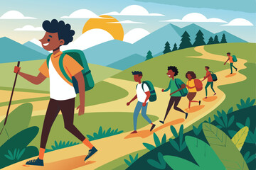 Family summer fun: cartoon vector illustration of people hiking and playing outdoors at the beach