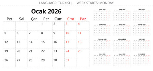 2026 year turkish calendar planner. Collection of 12 months. Vector illustration Turkey