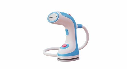 A handheld garment steamer, light blue and white, isolated on a white background.