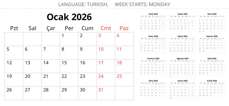 2026 year turkish calendar planner. Collection of 12 months. Vector illustration Turkey