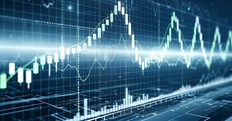 Glowing stock market candlesticks and lines on a dark grid - Powered by Adobe