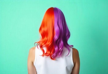 A woman back view is shown with vibrant orange and lavender-purple hair, exhibiting a striking contrast between vibrant orange and lavender-purple tones, the hair a wavy fashion