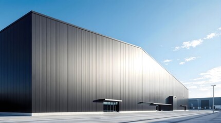 Modern industrial building with a sleek, dark facade under a bright blue sky.