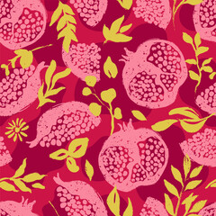 Pomegranate with Botanicals Vector Seamless Pattern