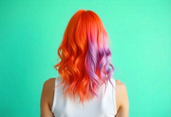A woman back view is shown with vibrant orange and lavender-purple hair, exhibiting a striking contrast between vibrant orange and lavender-purple tones, the hair a wavy fashion