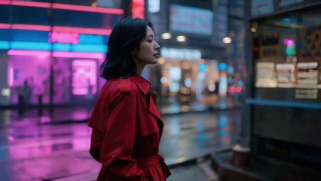 Mujer con gabardina roja, caminando en Tokio