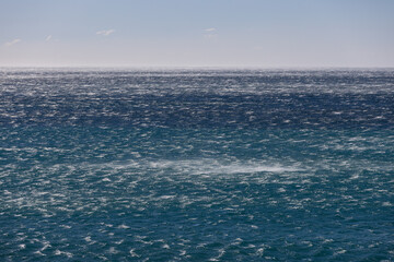 Extreme gale force wind gusts blowing across a dark blue ocean's surface creating sea spray and small wave white caps.