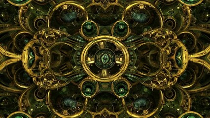 Intricate steampunk mechanical pattern of gold gears and green accents - Powered by Adobe