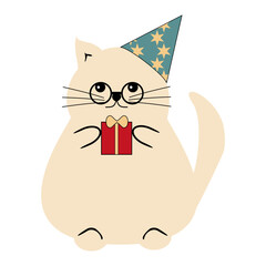 Nice cute cat in a holiday cap with present box on white vector illustration 