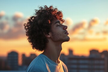 Young Man with Curly Hair Meditating at Sunset over City Skyline