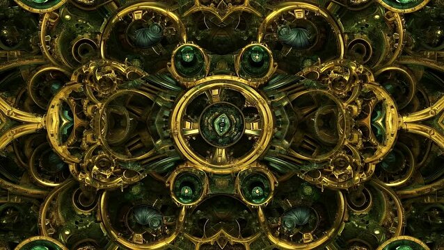 Intricate steampunk mechanical pattern of gold gears and green accents