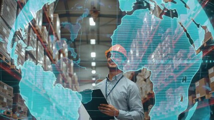 Scanning racks with clipboard, man in hardhat nodding and tracking holographic globe materializing - Powered by Adobe