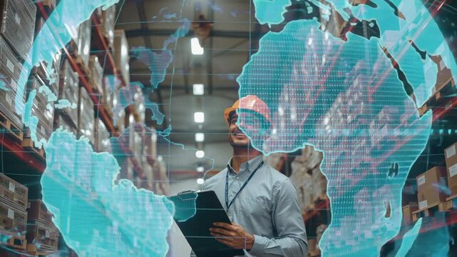 Scanning racks with clipboard, man in hardhat nodding and tracking holographic globe materializing