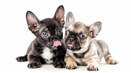 Obraz premium Adorable kitten and French Bulldog puppy on white background. Playful cat licking lips and big-eyed puppy looking curious. Space for your text or logo.