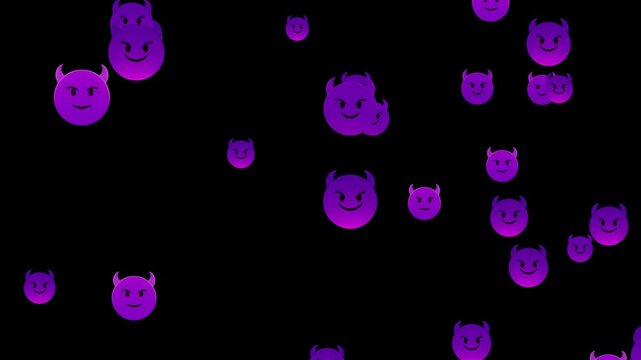 emoji face devil purple loop alpha channel animation, flying emoticons evil halloween motion design element	
