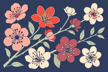 Stylized floral illustration of cherry blossoms in various colors on a dark blue background