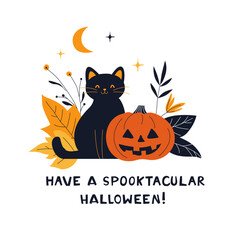 Cute Halloween Cat with Pumpkins Cozy Fall Greeting Card. Have a Spooktacular Halloween Funny Card. Kitty with Pumpkin and Leaves. Flat Autumn Vector Illustration