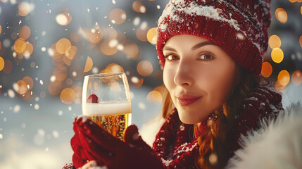 Young woman with long brown hair, wearing a red knitted hat and scarf, holds a glass of sparkling beverage, surrounded by falling snowflakes and festive lights, embodying winter celebration