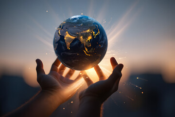 Humanity Holding The Glowing Earth In Open Hands