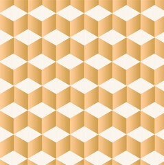 A seamless geometric pattern of hexagonal cubes in warm beige tones with alternating stripes, creating a 3D illusion and rhythmic architectural symmetry.