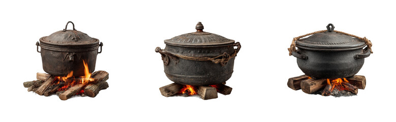 Cooking traditional meals in iron pots over open flame rustic kitchen food cut out set png