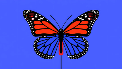 Fototapeta premium Illustration of colorful monarch butterfly with orange and blue wings on blue