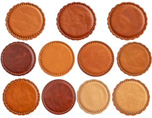Round Vintage Leather Labels with Embossed Textures and Scalloped Edges, isolated on transparent background