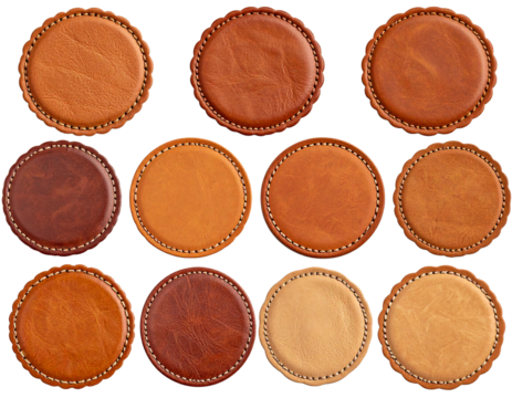 Round Vintage Leather Labels with Embossed Textures and Scalloped Edges, isolated on transparent background