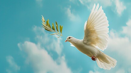 A white dove with an olive branch soars across a blue sky, symbolizing peace and hope. It signifies the International Day of Peace, a day to celebrate and spread peace worldwide.