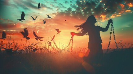 A woman breaks chains and releases birds into the air at sunrise, symbolizing freedom.