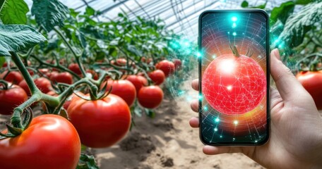 Smartphone displays augmented reality tomato data in a greenhouse