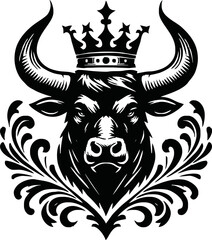 silhouette of head of a bull with a crown on black background