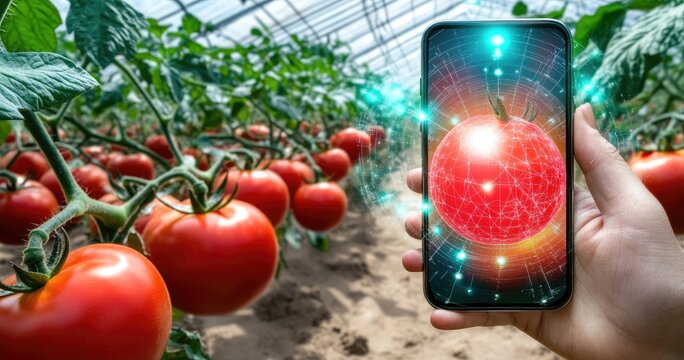 Smartphone displays augmented reality tomato data in a greenhouse