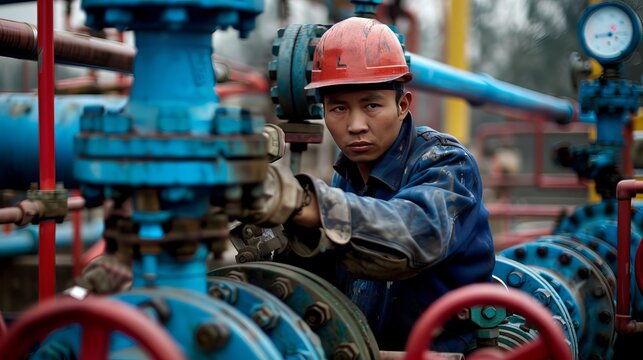 A worker in Jiujiang, China, checks gas pipes at a station that controls gas pressure.