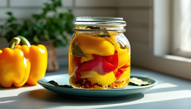 Jar on a plate with removed slices of red and yellow peppers, greenery in background...