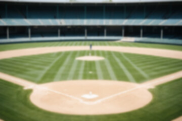 Blurry photo of a baseball field, inside a magnificent stadium with no people in sight.
