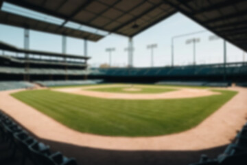 Blurry photo of a baseball field, inside a magnificent stadium with no people in sight.