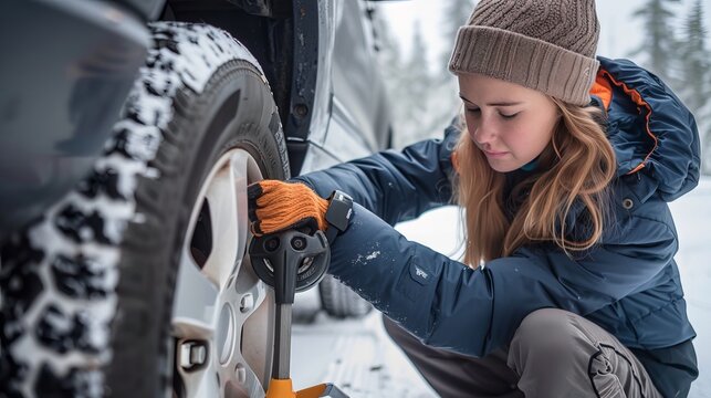 A young woman is changing a flat tire. She's trying to loosen the lug nuts with a wrench while the car is lifted up. This is part of the process of changing tires or repairing a flat tire.