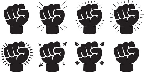 Collection of eight black fist icons with radiating lines and arrows silhouette
